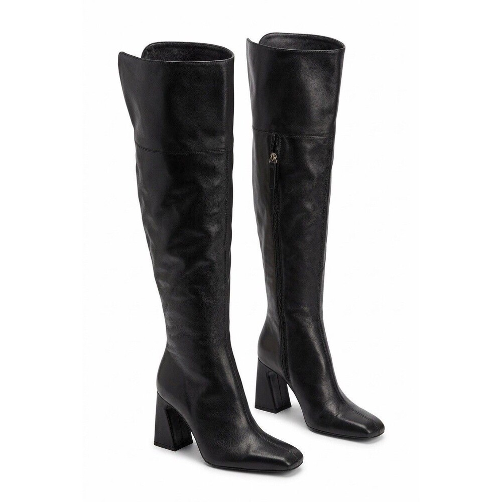 ZARA Black Genuine Leather Over The Knee Boots Block Heel Square Toe Size 8 / 39